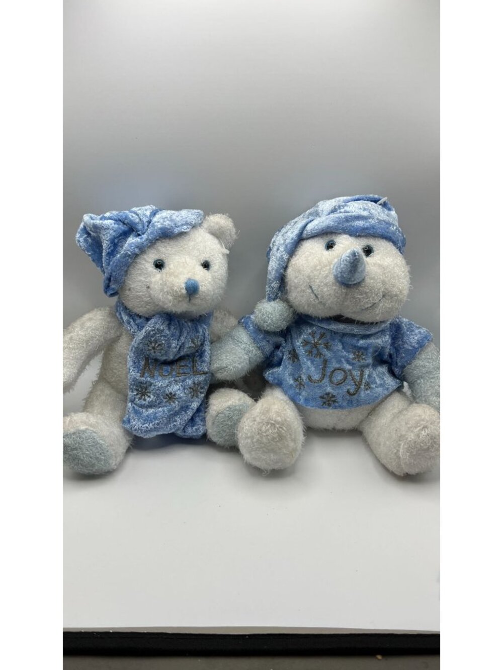 Noel & Joy Holiday Plush Bear & Snowman Set Blue Velour Accents Winter Decor Col